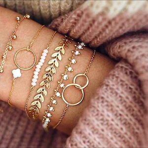 Ring Leaf Pearl Bracelet Set